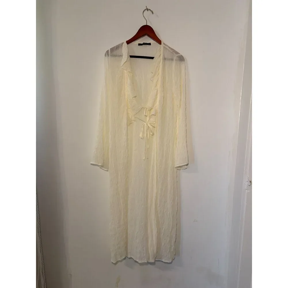 Cream Sheer Crinkled Longline Duster Cardigan